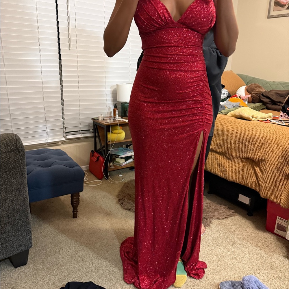 Scarlet Metallic Threaded High-Slit Gown